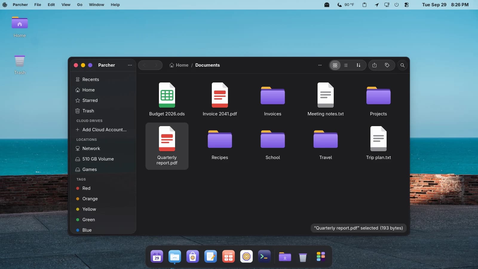 The ParchaOS desktop with its dock.