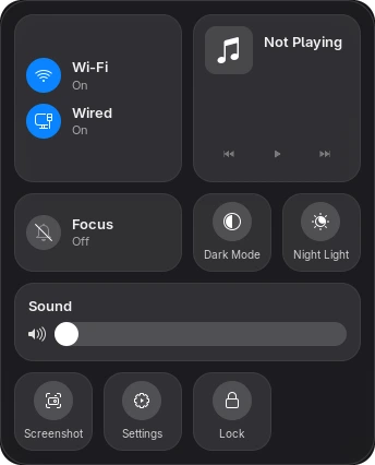 The Parcha Controls panel: Wi-Fi, Wired, Now Playing, Focus, Dark Mode, Night Light, a sound slider, and Screenshot, Settings and Lock buttons.
